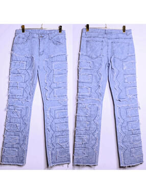 Distressed Damask Print Blue Jeans - Medium